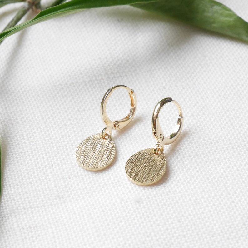 Gold teardrop coin earrings Small dainty hoop earrings with gold charm Oval brass pendant jewelry Light-weight minimalist gift for her image 4