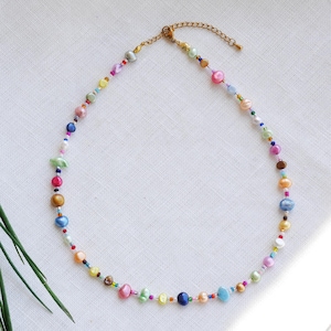 Collier de perles d&#39;eau douce colorées | Ras de cou multicolore en perles véritables et petites rocailles | Cadeau délicat bijoux en perles baroques heureux pour elle