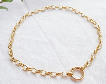 Rolo chain carabiner necklace - minimalist round front clasp choker, unisex chunky statement gold jewelry, gift for him or her