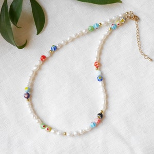 Pearl and millefiori necklace Freshwater pearl choker with colorful floral beads Multicolor beaded jewelry with genuine pearls for her image 5