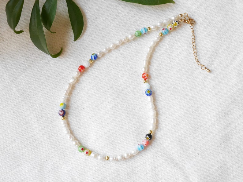 Pearl and millefiori necklace Freshwater pearl choker with colorful floral beads Multicolor beaded jewelry with genuine pearls for her image 5