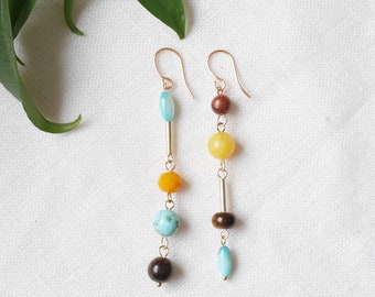 Turquoise and yellow beads earrings | Fun colorful jewelry | Long funky mismatched earrings | Multicolor bead handmade earrings gift for her