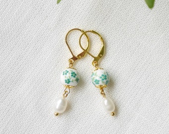 Ceramic earrings | Green porcelain pearl earrings |  | Dainty pearl earrings with a floral bead | Cute green and white tea time earrings