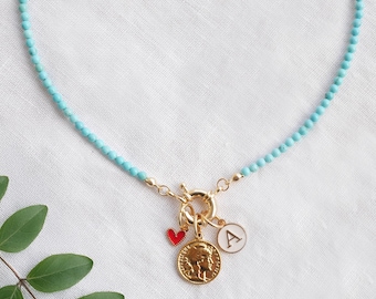 Turquoise stones necklace - front clasp custom charms choker, gold carabiner spring lock, handmade boho personalized jewelry gift for her