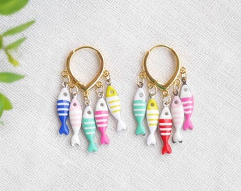 Fish cluster hoop earrings - tiny fish charm hoops, trending summer jewelry, colorful whimsical boho gift for her