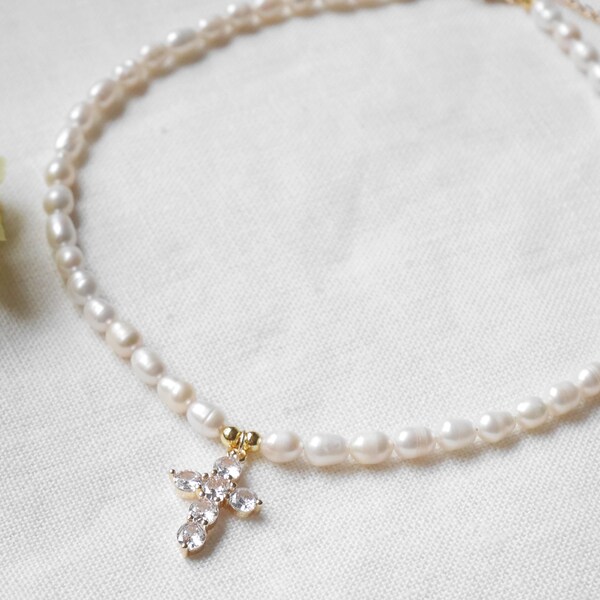 Pearl Cross Necklace Etsy