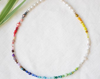 Rainbow necklace | Beaded pearl necklace | Colorful beads choker | Jewelry with multicolor seed beads and freshwater pearls