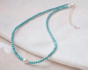 Turquoise beads necklace | Turquoise stone and freshwater pearl beaded necklace | Choker with small stone beads and genuine pearl