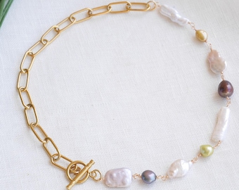 Mixed baroque freshwater pearls necklace - half pearl half paperclip chain, chunky gold choker, jewelry gift for her
