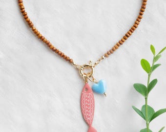 Wooden necklace with custom charms - brown beaded wood bead choker, pick your charm customized gift, his and her jewelry, front spring clasp
