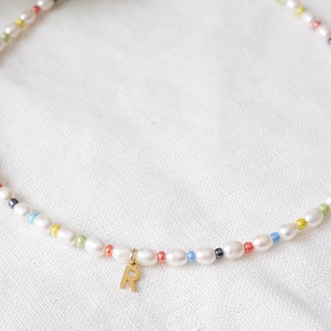 Colorful initial pearl necklace Dainty multicolor freshwater pearls choker with gold letter Custom handmade personalized jewelry gift image 4