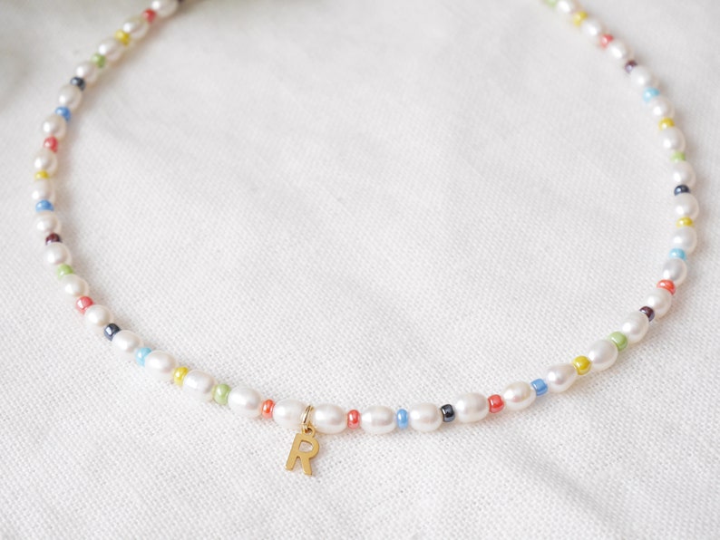 Colorful initial pearl necklace Dainty multicolor freshwater pearls choker with gold letter Custom handmade personalized jewelry gift image 4