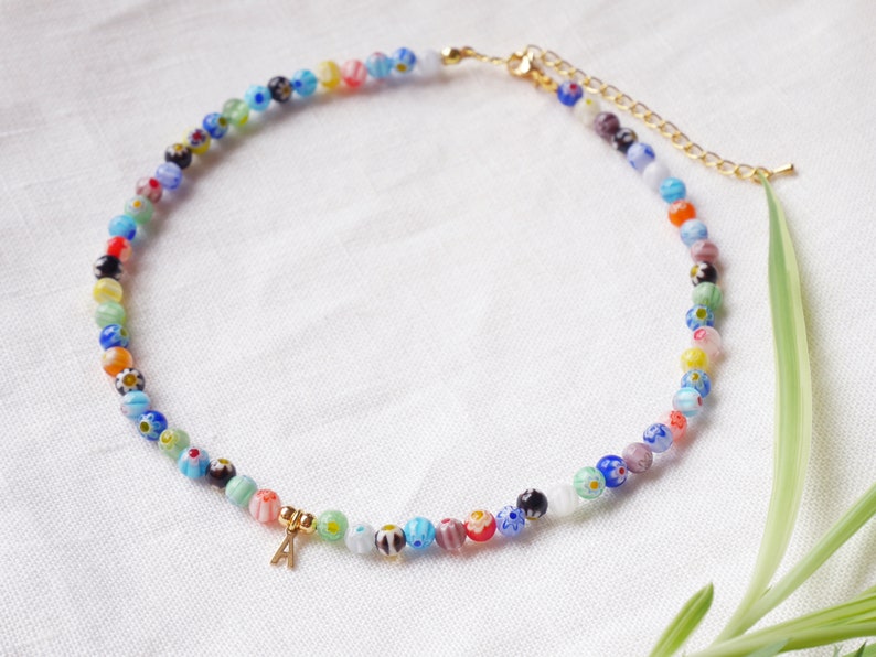 Millefiori initial necklace Colorful necklace with a letter charm Glass bead beaded choker Custom personalized jewelry gift for her image 2