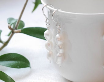 Sterling silver earrings with freshwater pearls | Dainty drop earrings | White peach everyday jewelry | Irregular shape real pearls dangle