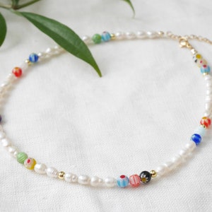 Pearl and millefiori necklace Freshwater pearl choker with colorful floral beads Multicolor beaded jewelry with genuine pearls for her image 4
