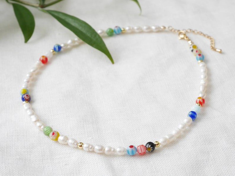 Pearl and millefiori necklace Freshwater pearl choker with colorful floral beads Multicolor beaded jewelry with genuine pearls for her image 4