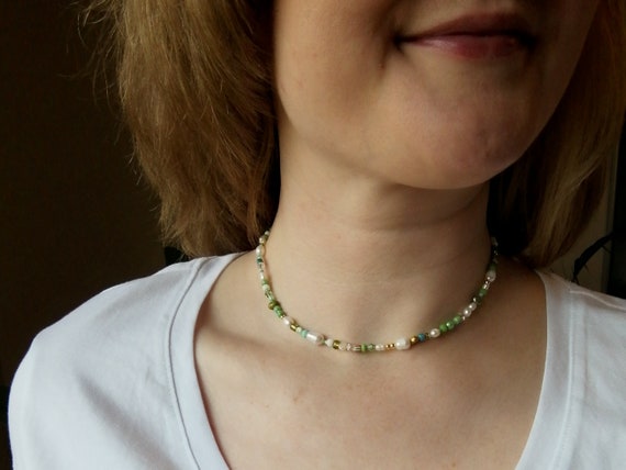 LUSH Green Beaded Necklace Mixed Green Beads Choker With Genuine