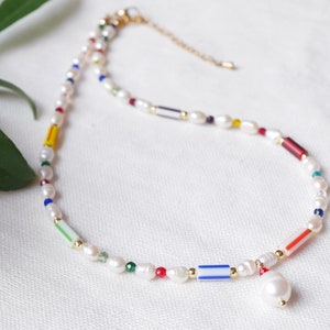 Striped beads necklace Multicolor stripe pattern choker Cute freshwater pearl jewelry gift with colorful glass beads and pearl pendant image 4