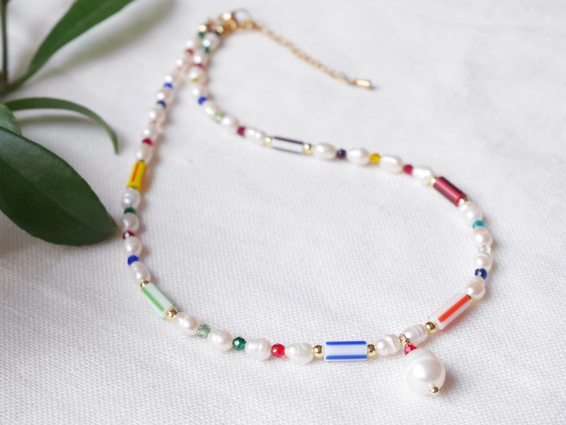 Striped beads necklace Multicolor stripe pattern choker Cute freshwater pearl jewelry gift with colorful glass beads and pearl pendant image 4