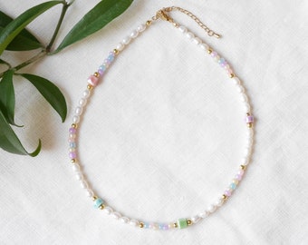 Freshwater pearl necklace in pastel colors | Cute mixed glass and ceramic beads jewelry | Pretty porcelain beaded gift in soft tones for her