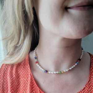 Pearl and millefiori necklace Freshwater pearl choker with colorful floral beads Multicolor beaded jewelry with genuine pearls for her image 2