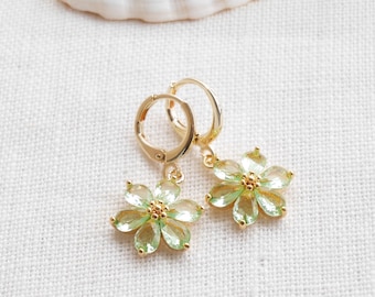 Green flower earrings – dainty floral hoops, feminine gold jewelry gift for her