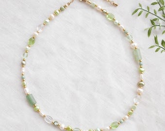 Green glass bead pearl necklace - elegant beaded gold choker, anniversary gift for her, bridal dainty sage freshwater pearls jade jewelry