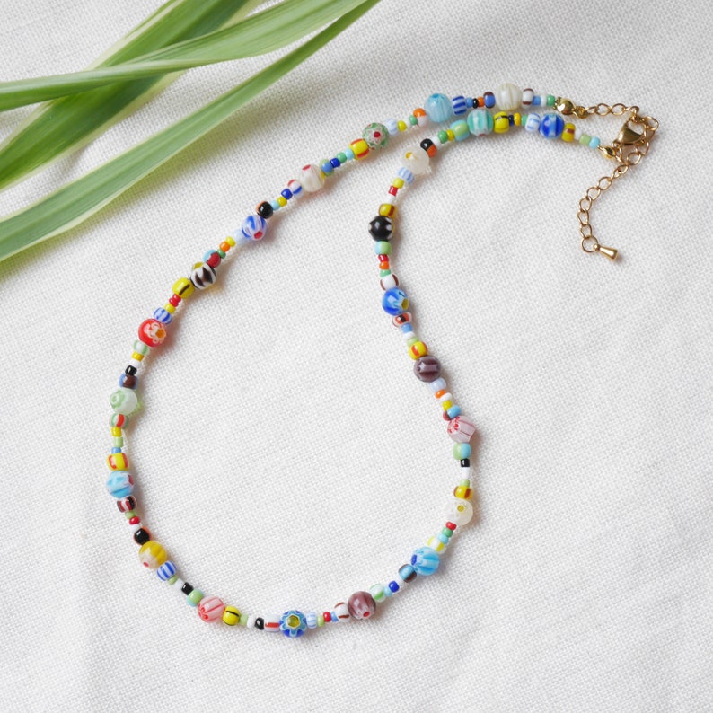Millefiori seed bead necklace Colorful glass bead choker Happy summer beaded jewelry Multicolor unisex necklace gift for him or her image 5