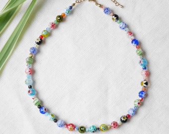 Millefiori necklace | Flower glass bead choker | Colorful glass beads jewelry | Multicolor beaded necklace gift for her | Summer accessory