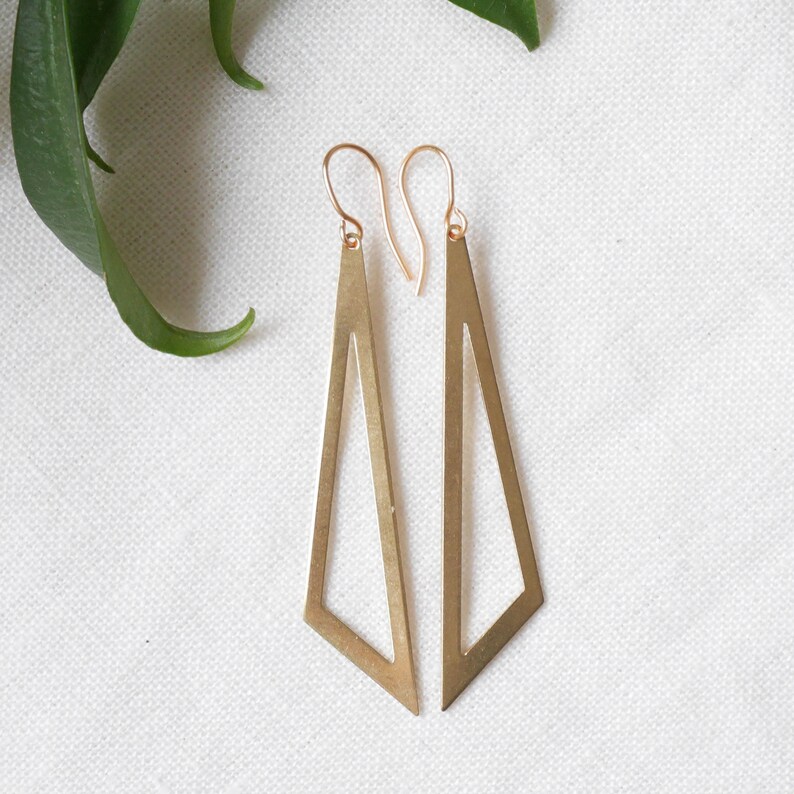 Triangle dangle earrings Geometric earrings Gold raw brass minimalist architectural jewelry Simple elegant edgy diagonal gift for her image 3