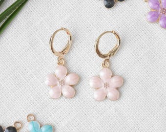 Sakura flower hoop earrings - pink blossom jewelry, dainty hoops, gift for her