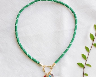 Paracord birthstone necklace - family birth month charms jewelry, gold heart front clasp, Christmas gift for mother