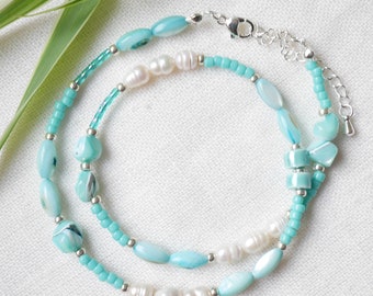 Turquoise beads necklace | Fresh summer choker | Light blue shell beads necklace with freshwater pearls | Seed bead jewelry gift for woman