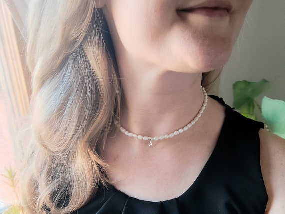 Silver initial pearl necklace | Unisex letter choker with genuine pearls | Freshwater pearl jewelry with silver letter | Customized gift
