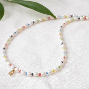 Colorful initial pearl necklace Dainty multicolor freshwater pearls choker with gold letter Custom handmade personalized jewelry gift image 6