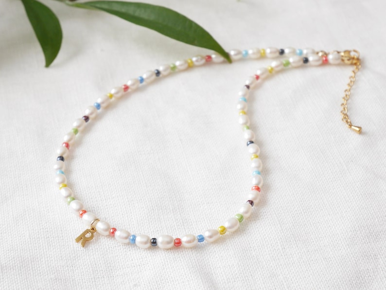 Colorful initial pearl necklace Dainty multicolor freshwater pearls choker with gold letter Custom handmade personalized jewelry gift image 6