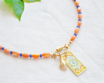 Orange and blue carabiner necklace - colorful custom charm shell beads jewelry, mini front lock, personalized gift for her