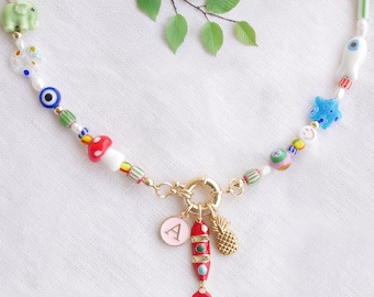 Beaded custom charm necklace - fun multicolor carabiner jewelry, quirky funky y2k rainbow summer choker, personalized gift for her