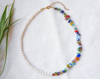 Half colorful half pearl necklace | Half freshwater pearl beaded glass chip necklace | Boho multicolor millefiori necklace | Gift for her