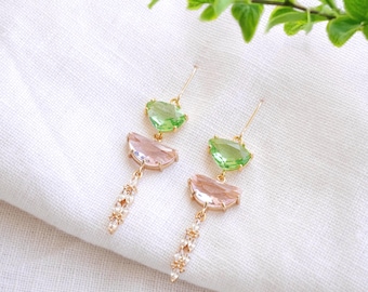 Green pink dangle earrings - bridal glass jewelry, zircon wedding accessory, gift for her