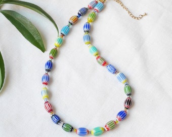 Colorful glass bead necklace | Multicolor choker with barrel shaped beads | Fun beaded oval glass tube necklace | Unique cute beaded jewelry