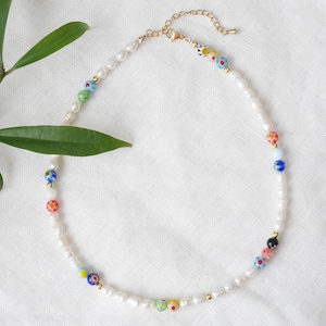 Pearl and millefiori necklace Freshwater pearl choker with colorful floral beads Multicolor beaded jewelry with genuine pearls for her image 1