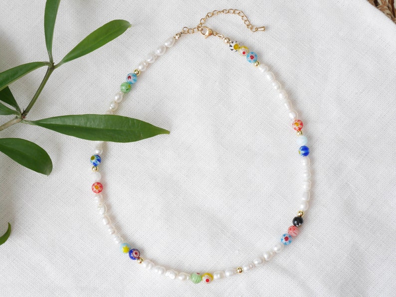 Pearl and millefiori necklace Freshwater pearl choker with colorful floral beads Multicolor beaded jewelry with genuine pearls for her image 1