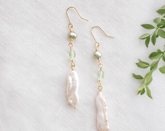 Green glass bead pearl earrings - long bohemian dangle, baroque freshwater pearls bridal jewelry, birthday gift for her