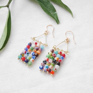 Millefiori bar dangle earrings Long colorful glass bead earrings Multicolor rainbow beaded jewelry Spring summer cute gift for woman 画像 3