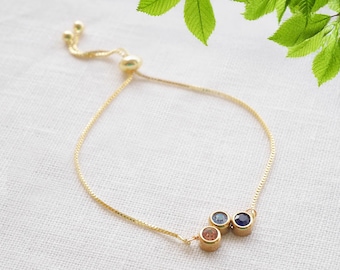 Family birthstones bracelet - personalized gold box chain slider, gift for mother, birth months jewelry