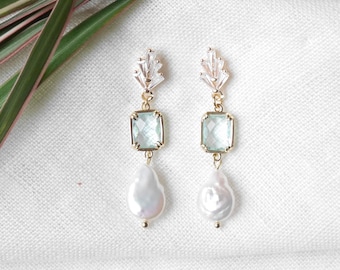 Something blue earrings – bridal freshwater pearl glass jewelry, art deco style for the bride