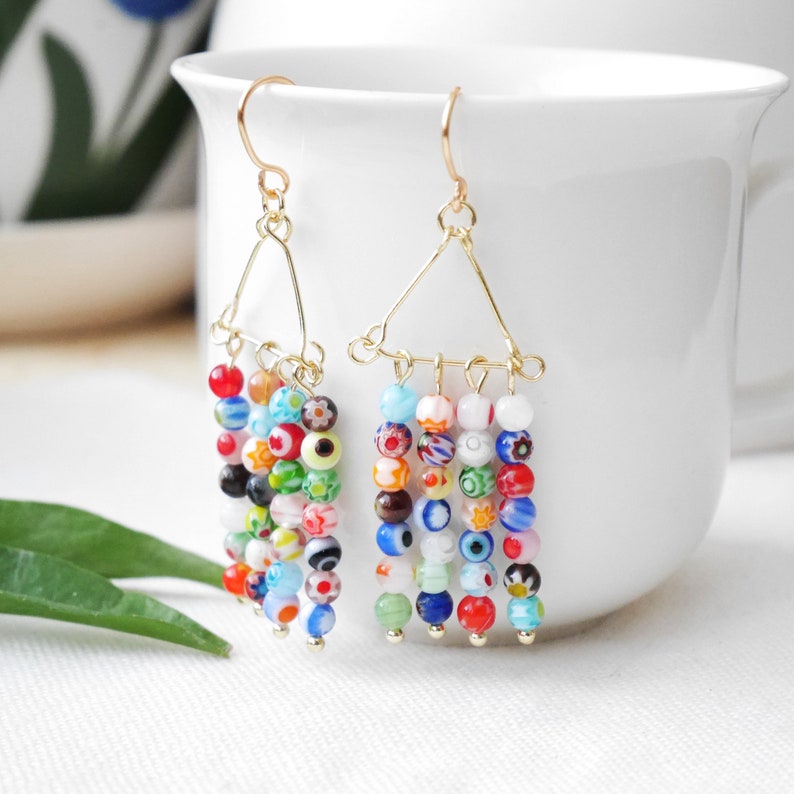 Millefiori bar dangle earrings Long colorful glass bead earrings Multicolor rainbow beaded jewelry Spring summer cute gift for woman 画像 4