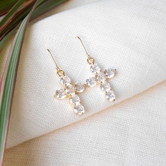 Zircon Cross Earrings Gold-plated Cross Charm Drop Earrings