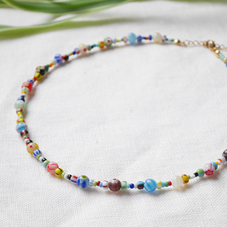 Millefiori seed bead necklace Colorful glass bead choker Happy summer beaded jewelry Multicolor unisex necklace gift for him or her image 4